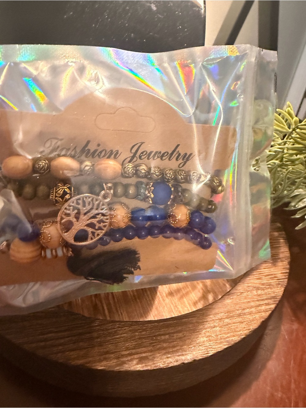 SHEIN Blue and Tan Beaded Bracelet Stack with Tree Charm